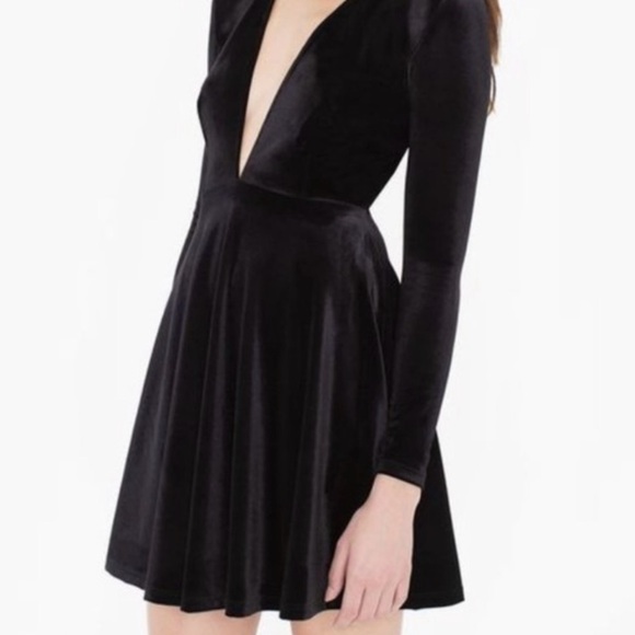 American Apparel Black Velvet V-Neck Long Sleeve Dress - Picture 2 of 5